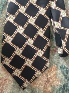 Fendi Black Tie with Gold and Brown Geometric Chain Pattern